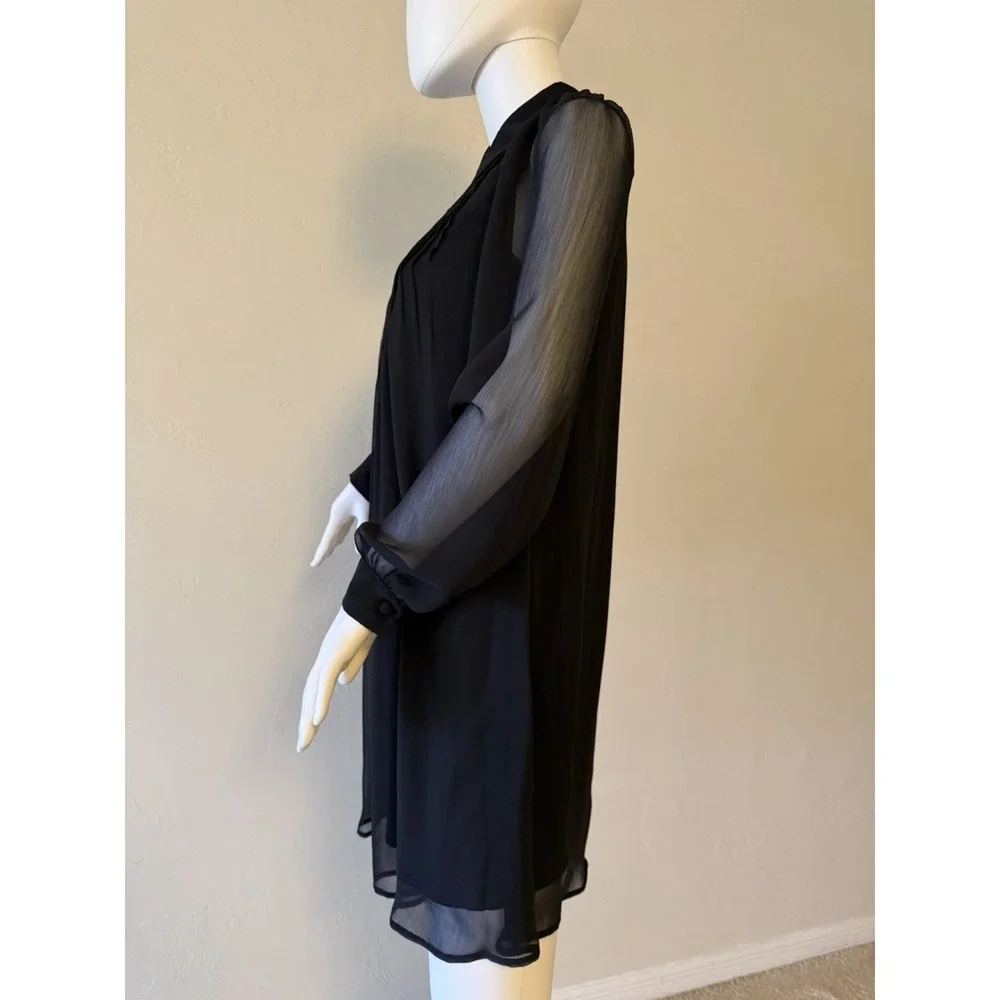 NINE WEST Shift‎ Dress Balloon Sleeve Black Chiffon Pleated Button Accent  XS